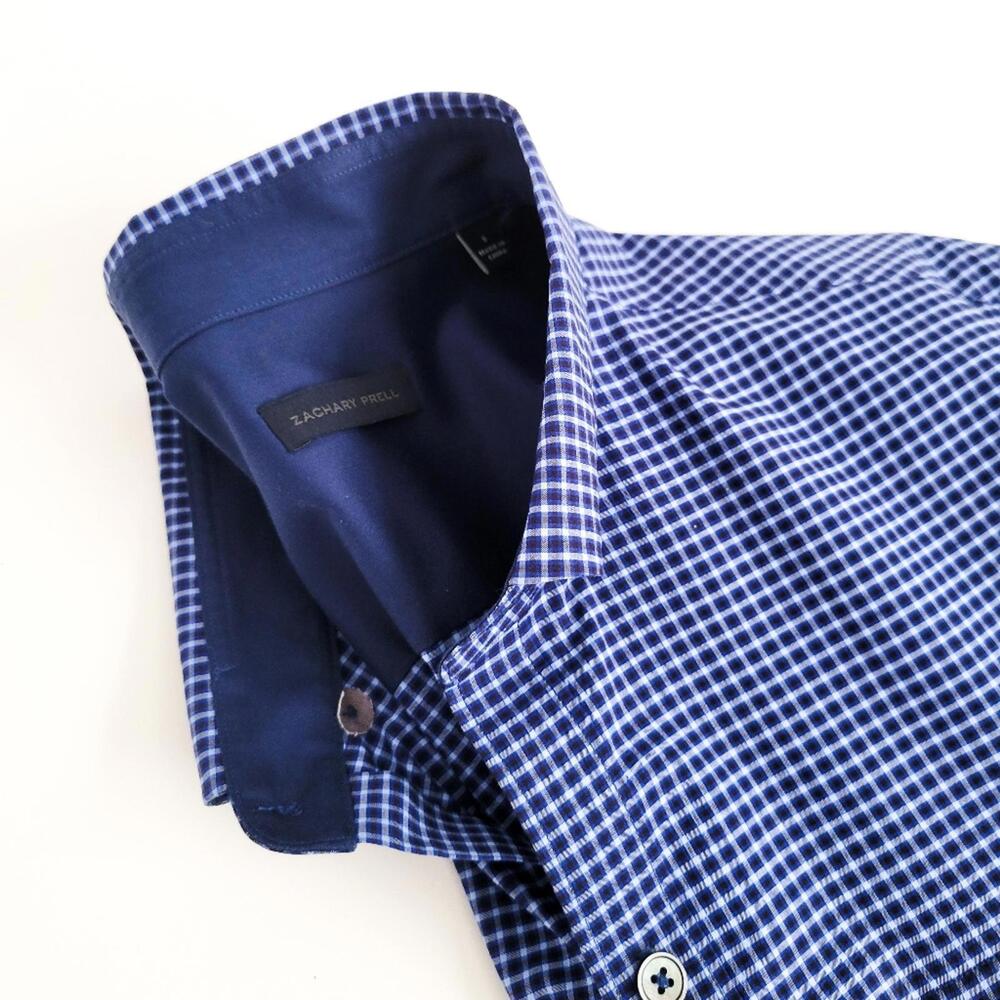 NEW Zachary Prell Micro Plaid Button Down Shirt Cotton Blue Mens S - Picture 8 of 9